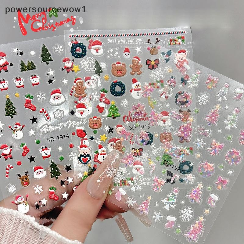 Wow สติ๊กเกอร์ติดเล็บคริสต์มาส 3D บรรเทาฤดูหนาว Snowflake Bear สติ๊กเกอร์ติดเล็บสําหรับผู้หญิงและสาว Santa Claus สติ๊กเกอร์ติดเล็บ Art Decorstion TH