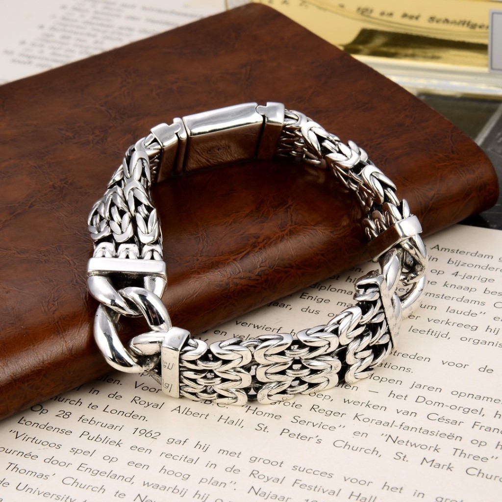 925 Sterling Silver Heavy Industry Woven Bracelet Peace Pattern Men's Bracelet