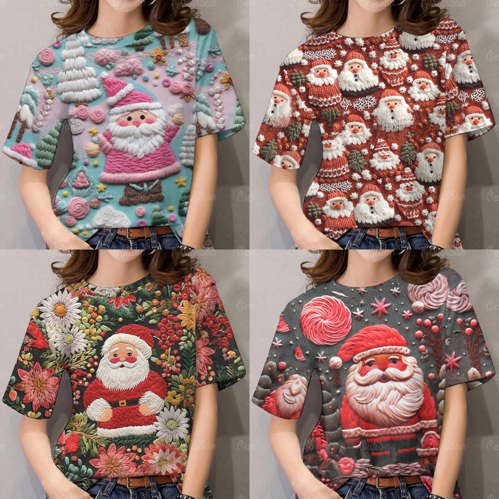2025 ใหม่คริสต์มาสเสื้อยืดสําหรับผู้หญิงสามมิติซานตาคลอสพิมพ์แขนสั้นด้านบนวันส่งท้ายปีเก่าพรรคสวมใส่สําหรับผู้หญิง