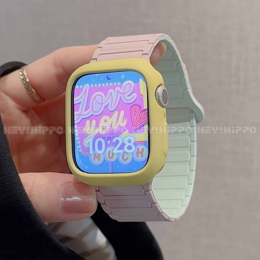 สายรัดแม่เหล็กซุปเปอร์+เคสป้องกันเหมาะสําหรับสมาร์ทวอทช์ซีรีส์ 10/9/8/7/6/5/SE/4/3 สีมาการองเหมาะสําหรับ ฉันดู49/46/45/44/42/41/40/438มม