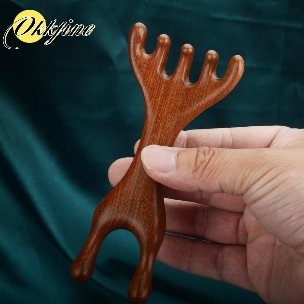 [OKFINE] 1 ชิ้น/2 ชิ้น หวีนวดบําบัดไม้, ไม้จันทน์กวาง Antlers Body Meridian หวีนวด, สองหัวฟันกว้าง Anti-static เครื่องมือ Health Care
