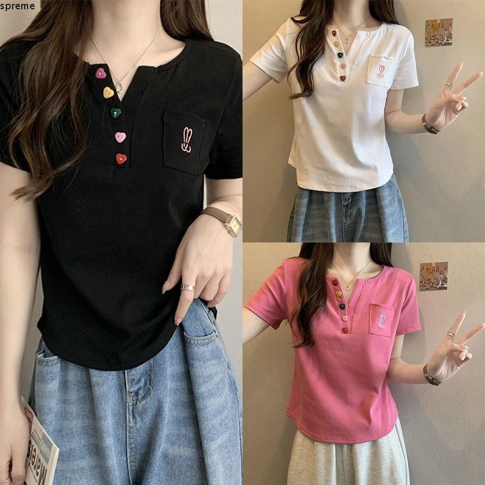 Spreme เสื้อยืดแขนสั้นกระดุมหน้าสไตล์เรียบง่ายเสื้อยืดผู้หญิงคอวี Small Niche Slim-fit Short Top