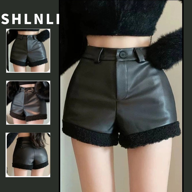 กางเกงขาสั้นหนัง PU เอวสูงอเมริกันฤดูใบไม้ร่วงและฤดูหนาวของผู้หญิง Retro Street สไตล์ Patchwork กางเกงขาสั้น