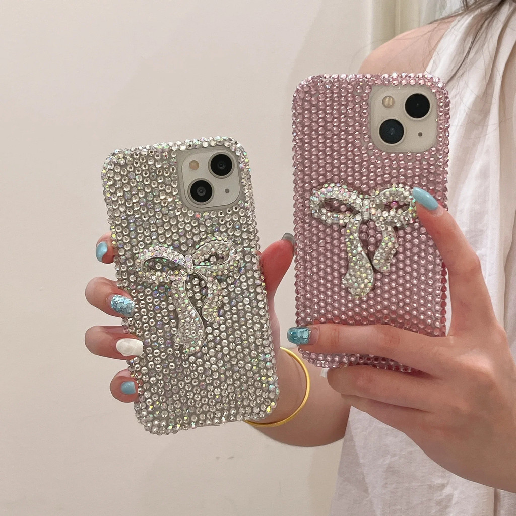 Super Luxury แฟชั่น Diy Bling เพชรคริสตัลโบว์เคสโทรศัพท์สําหรับ IPphone 16 15 14 13 12 11 Mini Pro M