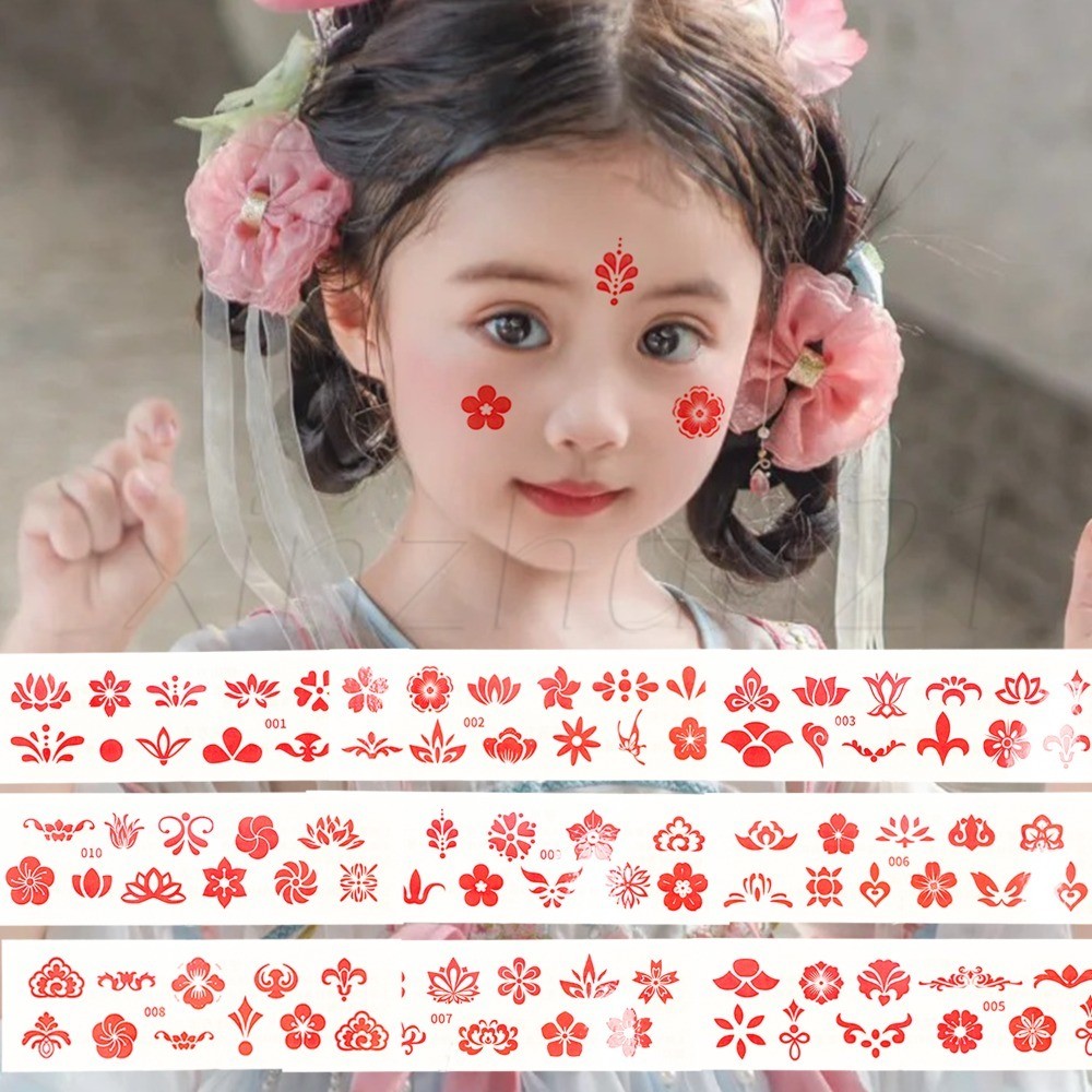 สติ๊กเกอร์หน้าผากสไตล์จีน - สติ๊กเกอร์รอยสักพิมพ์ดอกไม้สไตล์โบราณ - แบบใช้แล้วทิ้ง, กันน้ํา - การตกแต่งศิลปะ ทําเอง - แพทช์หน้าท