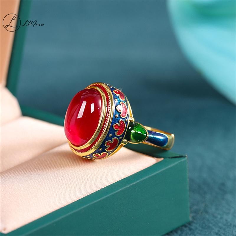 Luimo โบราณ Gold Craftsmanship ธรรมชาติ Carnelian แหวนผู้หญิงดอกไม้เคลือบสไตล์แห่งชาติเครื่องประดับงานแต่งงานของขวัญใหม่