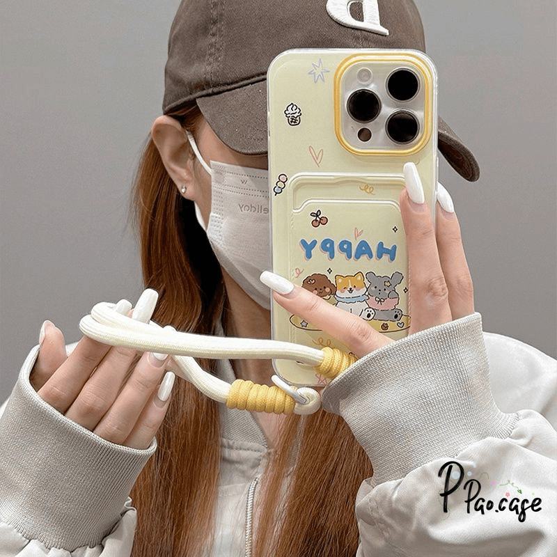 สัตว์น่ารักเข้ากันได้เคสไอโฟน 16 11 13 15 XR 14 12 Pro Max 7 8 Plus X XS Max SE การ์ตูนลูกสุนัขเชือกกระเป๋าสตางค์บัตรเคส