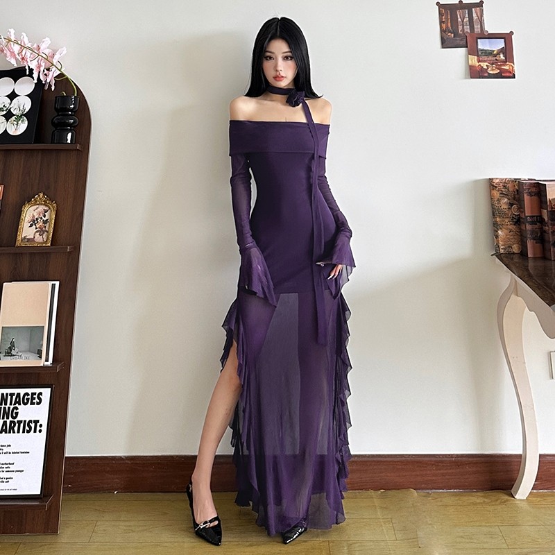 Kliou Solid Slash-คอชุดไม่สม่ําเสมอแขนยาวPatchwork RufflesรูปเอวHip-Coveringด้านข้างSlit Casualแฟชั่นอเนกประสงค์สไตล์