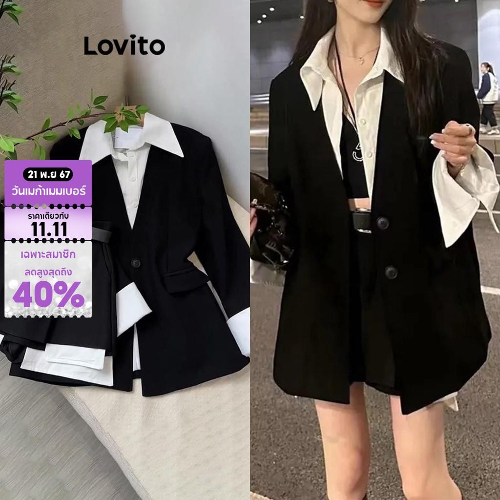 Lovito เสื้อเบลเซอร์ผู้หญิง แบบแพทช์เวิร์ก เย็บแต่งหลอกสองชั้น มีกระเป๋า กระดุมหน้า สไตล์ลำลอง LNA35030 (สีดำ)