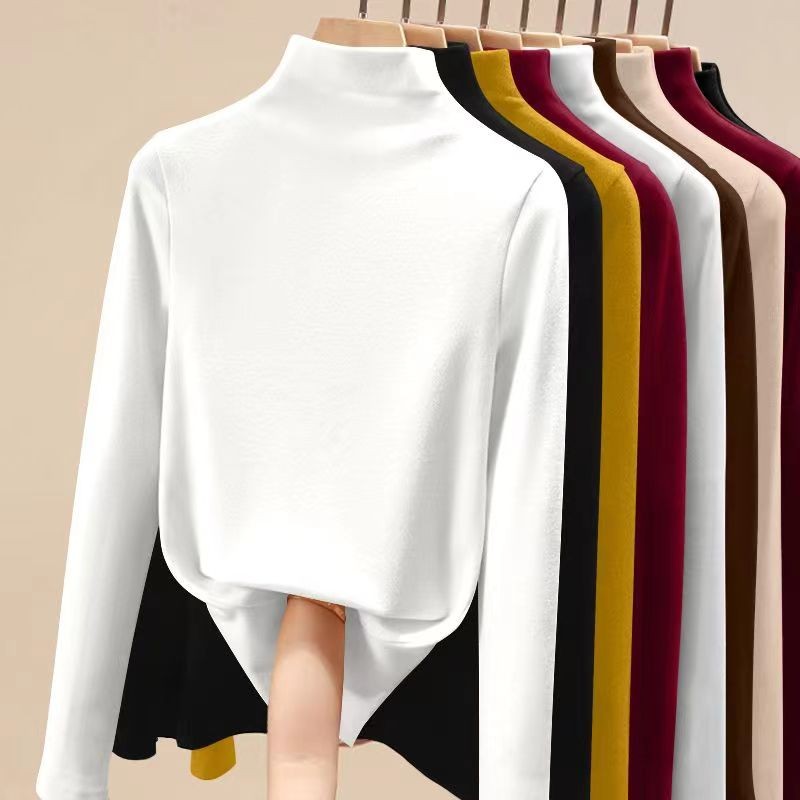 เสื้อผ้าที่ให้ความอบอุ่นเสื้อบุขนกำมะหยี่คอสูงครึ่งตัวสำหรับผู้หญิงเสื้อตัวในกำมะหยี่สองด้านที่อบอุ่นสำหรับฤดูใบไม้ร่วงและฤดูหนาวเสื้อยืดแขนยาว