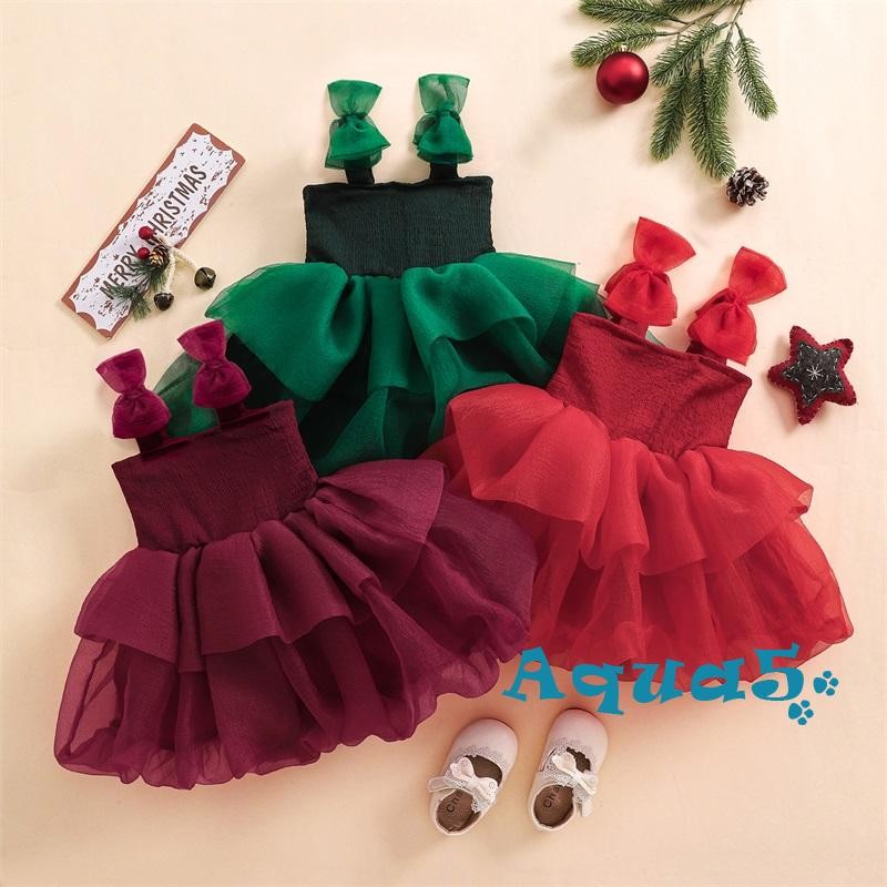 Aqq-เด็กทารกสาวsคริสต์มาสslipชุดแขนกุดbowknot Layeredฤดูร้อนA-LineชุดTulleชุดเจ้าหญิง