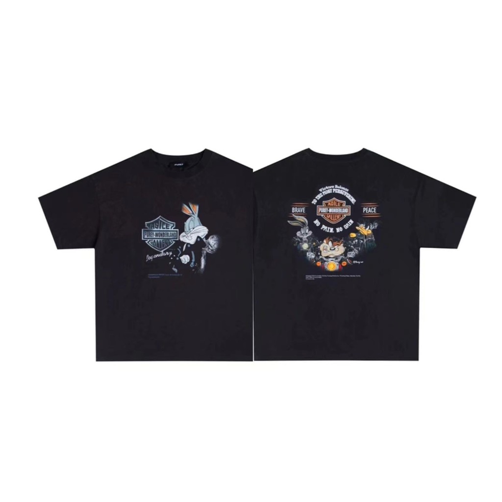 Oversize Thunder Rabbit Bags เสื้อยืดคอกลมแขนสั้นวินเทจพิมพ์ลายสีเคลื่อนไหว
