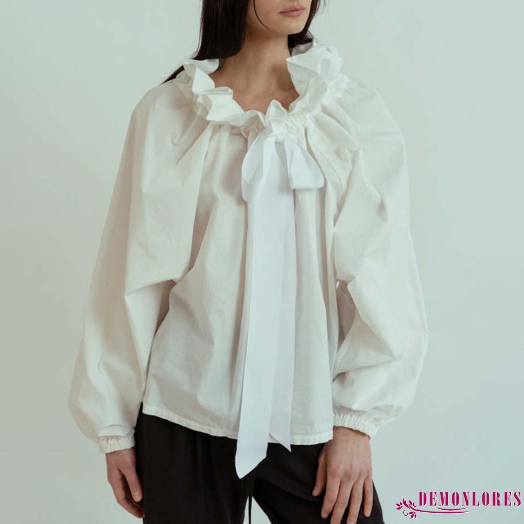 Demonlores-ผู้หญิงฤดูใบไม้ร่วงลาย Ruffled Necline Long Lantern Sleeve Loose Blouse