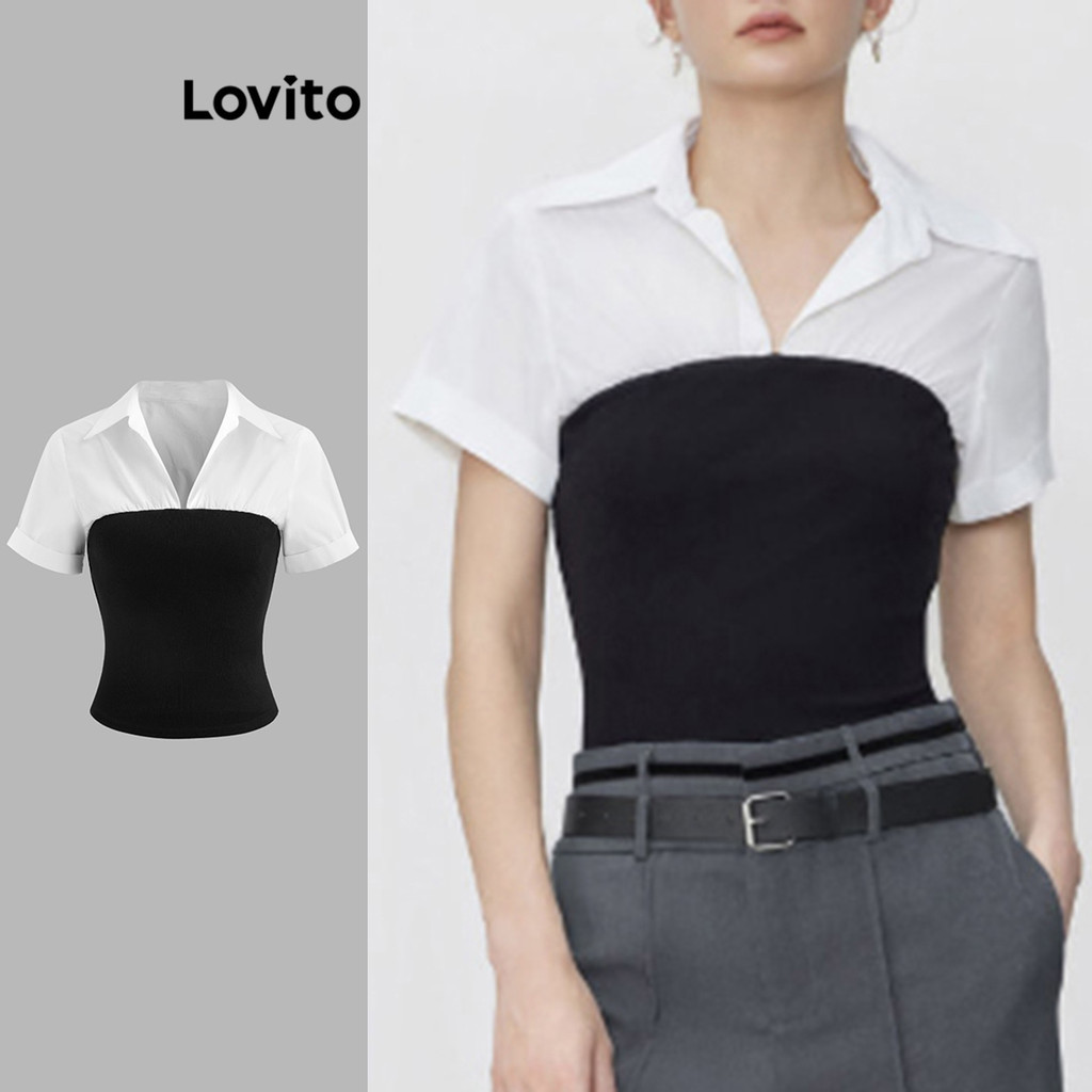 Lovito เสื้อเบลาส์เย็บผ้าเรียบหรูสำหรับผู้หญิง L95ED213