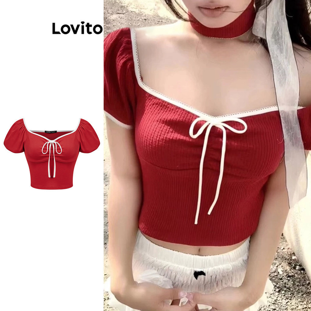 Lovito เสื้อยืดผู้หญิง ผูกหน้า แต่งขอบสี คัลเลอร์บล็อก สีพื้น สไตล์น่ารัก L94AD028