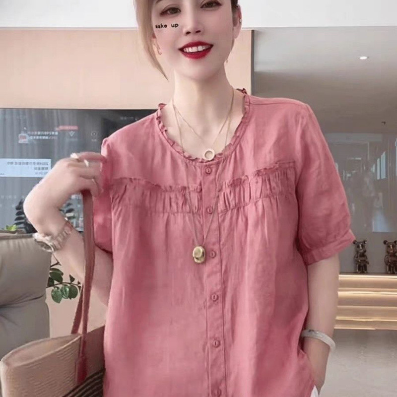 Nop | เชื้อราลูกไม้ขนาดเล็กสดผ้าฝ้ายผ้าลินินเสื้อคอกลม2024สไตล์ใหม่สีธรรมดาเสื้อแขนห้าจุดหลวม ผอมลง ดู