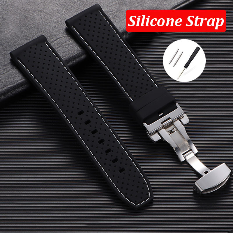 สายนาฬิกาซิลิโคน 22 มม.ยางนาฬิกาดําน้ํา Diver สร้อยข้อมือสีดํา Universal Watchband กันน้ํากีฬาเข็มขัดข้อมือผู้หญิงผู้ชายสายรัดข้อมือ