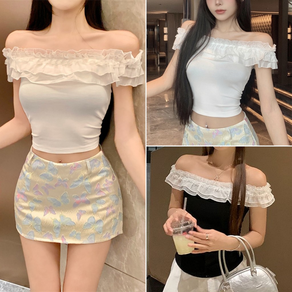 Luna Shop พร้อมส่ง เสื้อยืดเปิดไหล่ เสื้อแขนสั้นผู้หญิง เซ็กซี่ สาวร้อนแรง สบายๆและสบายๆ ความเรียบง่าย