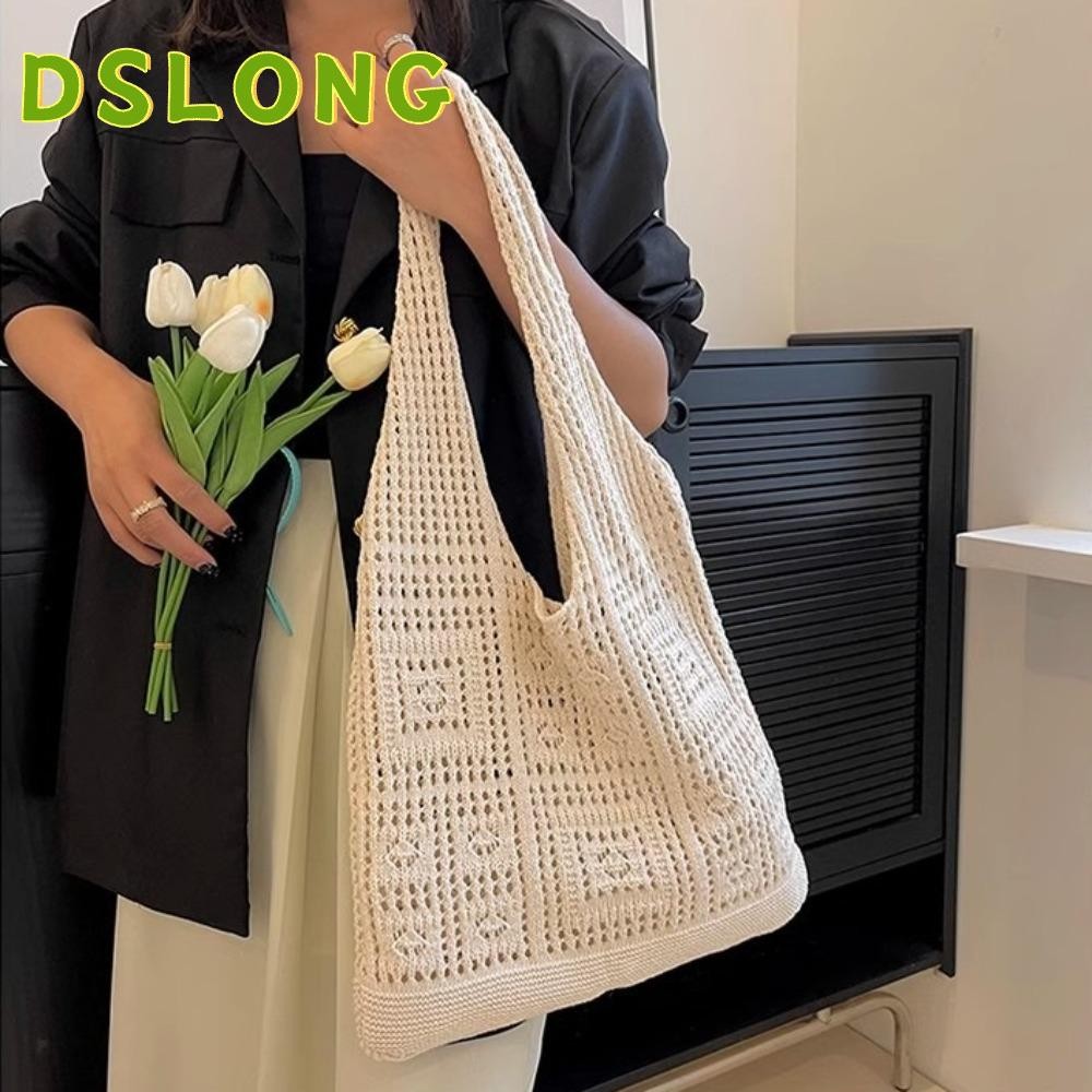 Dslong โครเชต์ Tote กระเป๋า, Hollow Out กระเป๋าสะพายสีทึบ, แฟชั่นถักความจุขนาดใหญ่กระเป๋าถักชายหาด