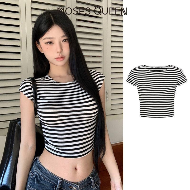 MOSESQUEEN  Pure Stripe เซ็กซี่ Hollow Backless เสื้อยืดแขนสั้นผู้หญิง 2025 ใหม่ยอดนิยมฤดูร้อน Slim Sweet Spice Girls Casual Top # 62841
