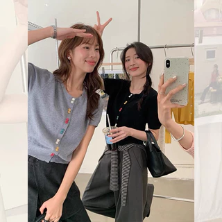 GAKKI เสื้อคาร์ดิแกนถักแขนสั้นคอกลมผู้หญิง เสื้อไหมน้ำแข็งถักไหล่ตรงสวยงามมากสำหรับผู้หญิง พร้อมส่ง รุ่น 3168#