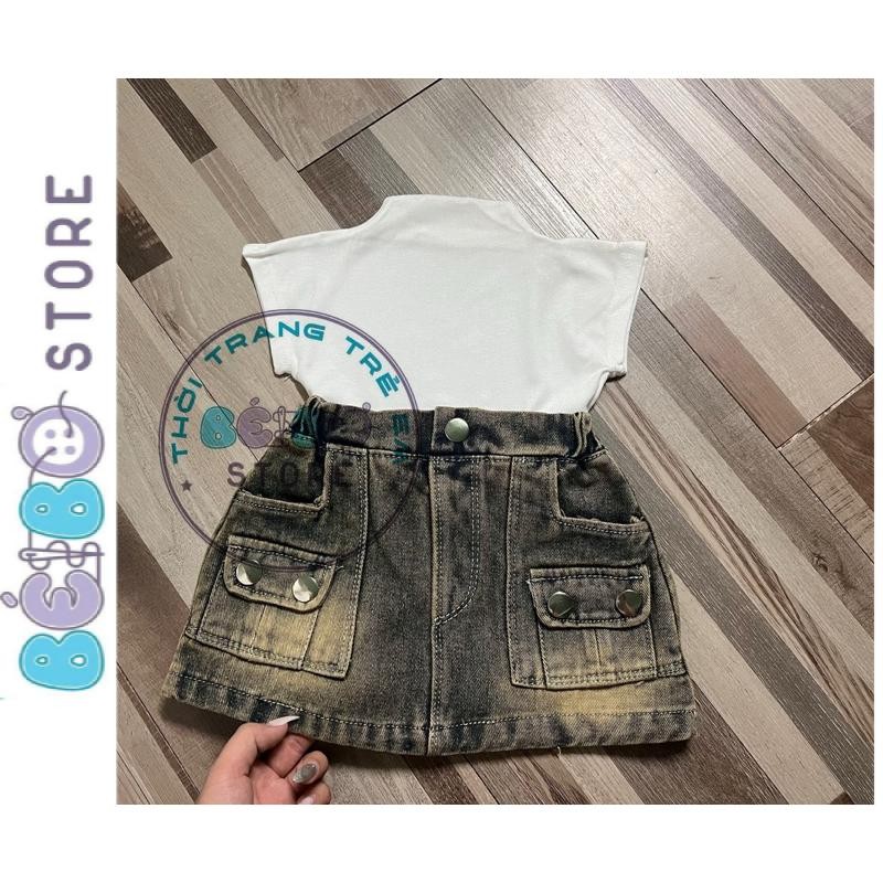 ชุดกระโปรงยีนเด็กผู้หญิงมีกระเป๋าและเสื้อยืดผ้าคอตตอนสุดเท่สําหรับเด็กผู้หญิง