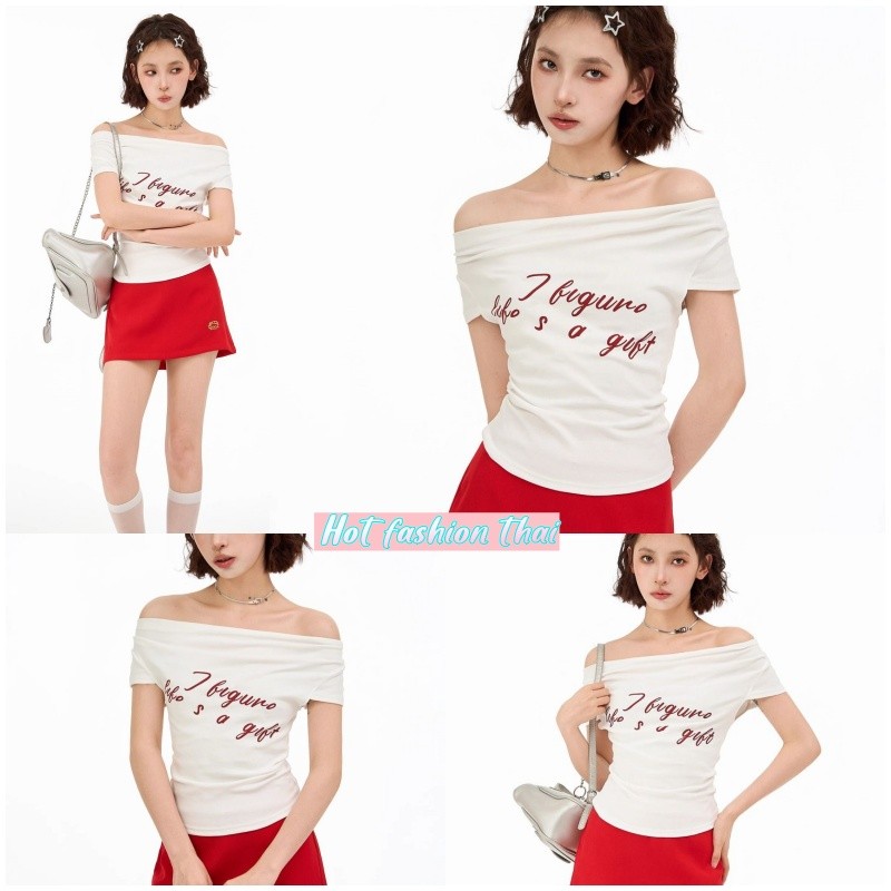 Hot fashion thai~'พร้อมส่ง'  เสื้อเชิ้ตแขนสั้นพิมพ์ลายปิดไหล่ เสื้อยืดคอตตอน-FYB15