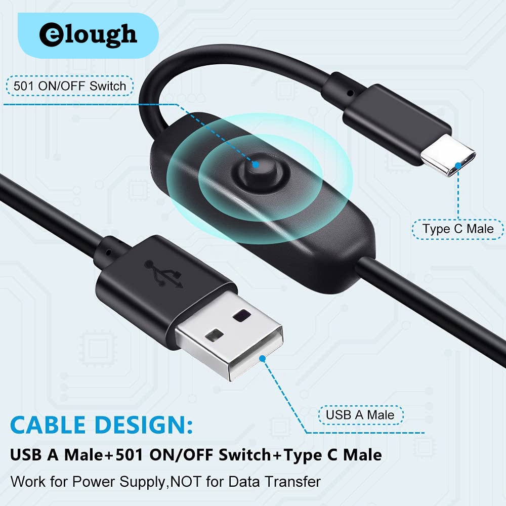 Elough Universal USB to Type C ปุ่มสวิทช์ 1.2M ปุ่มเปิด/ปิดสายชาร์จแหล่งจ่ายไฟสายไฟขยายสําหรับโทรศัพท์ PC โคมไฟตั้งโต๊ะ