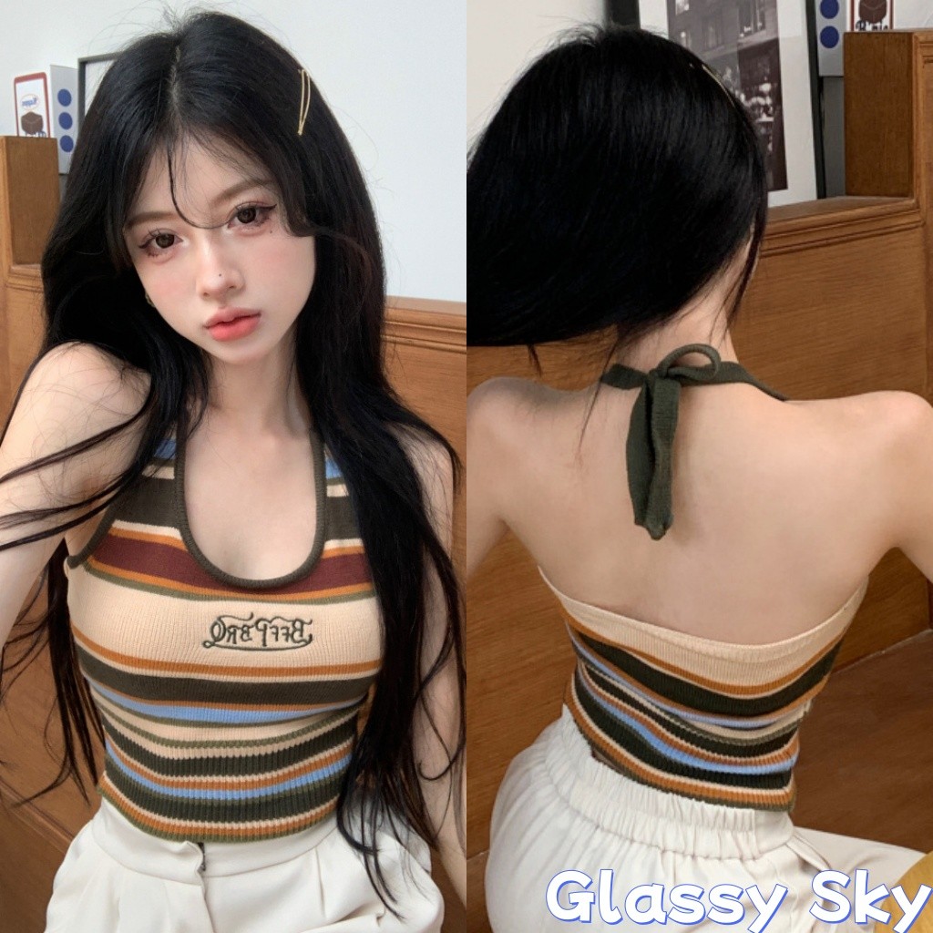 Glassy Sky💖พร้อมส่ง💖 เสื้อคล้องคอ เสื้อกล้าม สายเดี่ยว ไหมพรม ดีเทลลายสีสันสดใสเขียวดีมาก (19197)