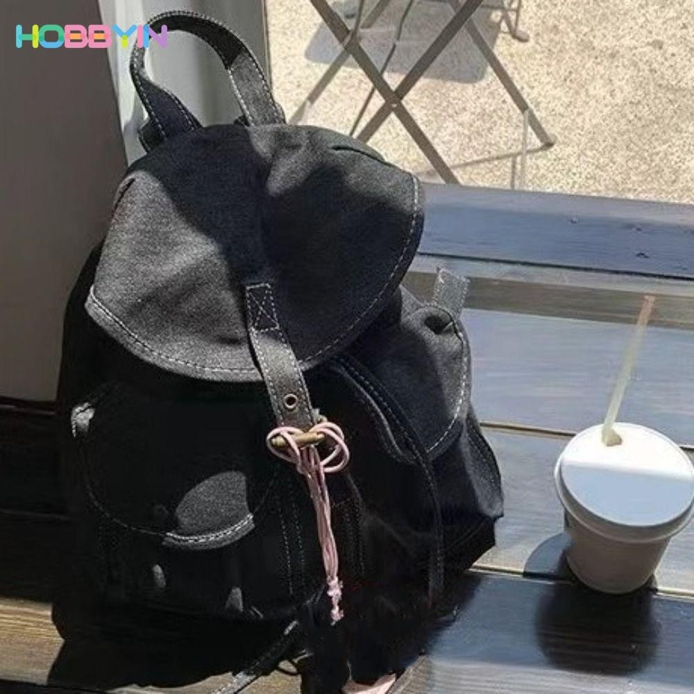 Hobbyin กระเป๋านักเรียน,ล้าง Denim Drawstring Retro กระเป๋าเป้สะพายหลัง,ขายร้อนหลายกระเป๋าสัมผัสเย็บLace-Upผ้าใบกระเป๋านักเรียน