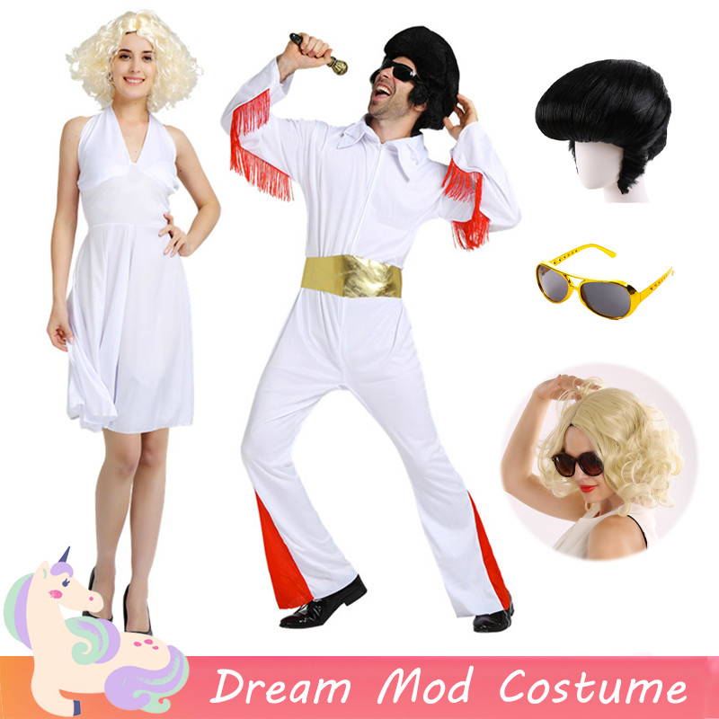 Elvis Presley สีขาว Jumpsuit สําหรับ Man Marilyn Monroe ชุดสลิปสําหรับผู้หญิงผู้ใหญ่ฮาโลวีนคอสเพลย์เ