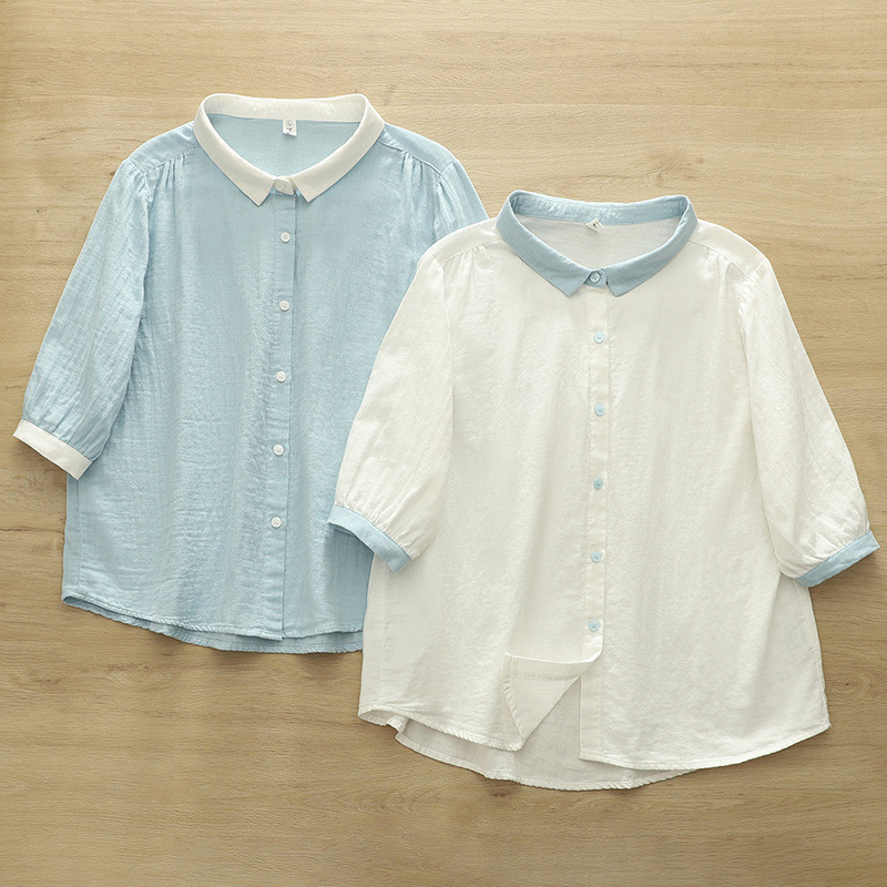 คุณภาพสูงเส้นด้ายฝ้าย 100% ฤดูร้อนใหม่สีทึบเส้นด้ายสองชั้นหลวมเสื้อแขนสั้นผู้หญิง