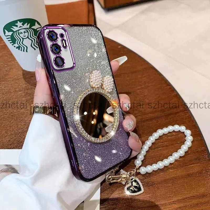 ปลอก OPPO RENO 6 4G RENO 6 5G RENO 6Z 5G หรูหราเครื่องสําอางแต่งหน้ากระจกวงเล็บ Soft Case พร้อมเชือกเส้นเล็กฝาครอบโทรศัพท์กันกระแทกสําหรับสาว