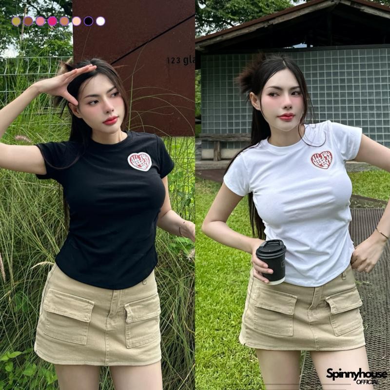 เสื้อยืดรัดรูปแต่งย่นข้าง สกรีนหัวใจแน่นๆ ทรงสวย ใส่แล้วพรางหุ่นมาก สาวอวบใส่ได้ รุ่น จั๊มเอว