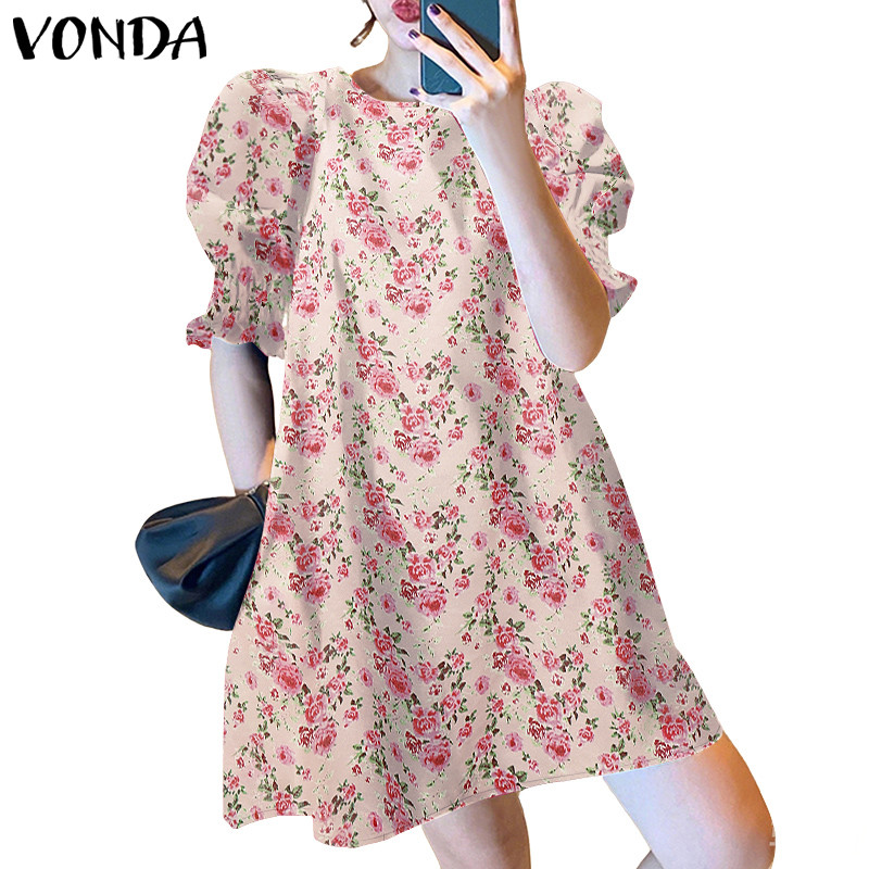 Vonda ผู้หญิงเกาหลีคอกลมปุ่ม-Dow แขนพองแขนสั้น A-รูปดอกไม้ชุดลําลอง