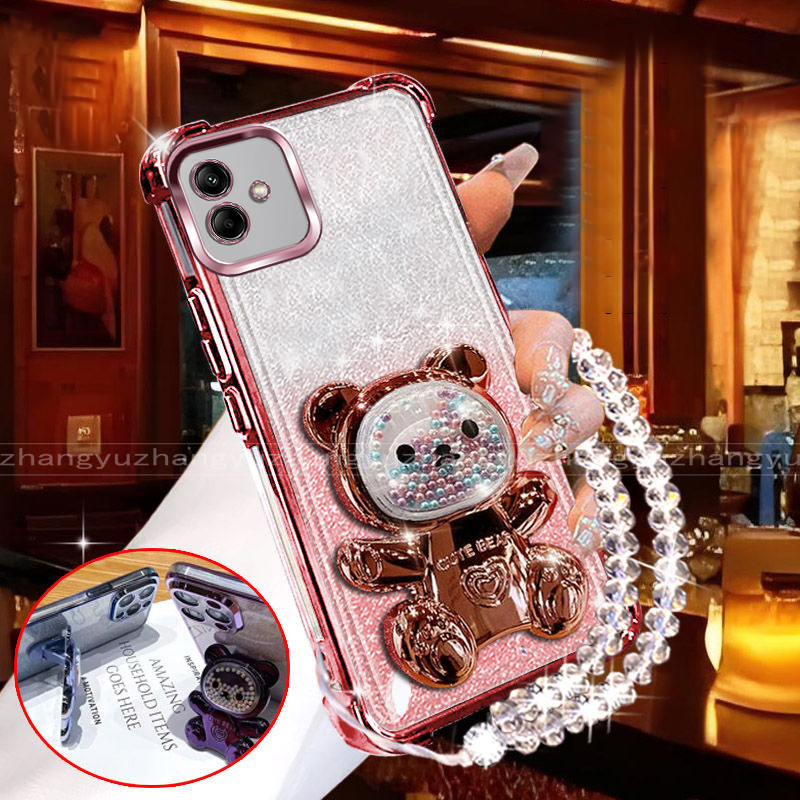 SAMSUNG สําหรับSamsung A04 A04E A05 A06 เคสโทรศัพท์ 3Dหมีผู้ถือGlitterกระดาษสร้อยข้อมือใหม่เคสโทรศัพ