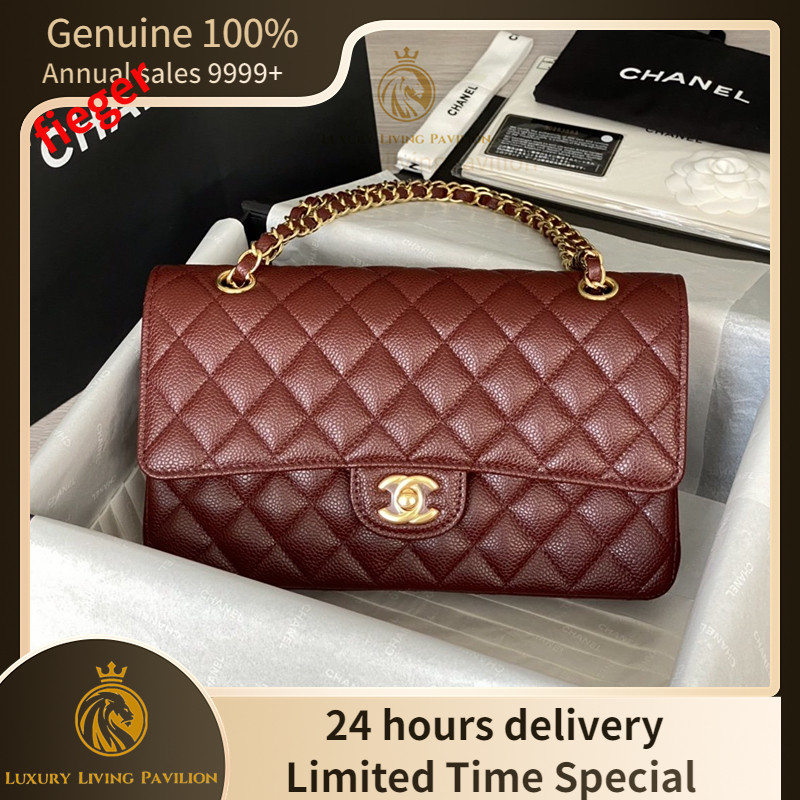 ซื้อในฝรั่งเศส ใหม่ Chanel Classic Flap สีแดง/หัวเข็มขัดทอง กระเป๋าสะพาย กระเป๋าแฟชั่น ของแท้ 100%