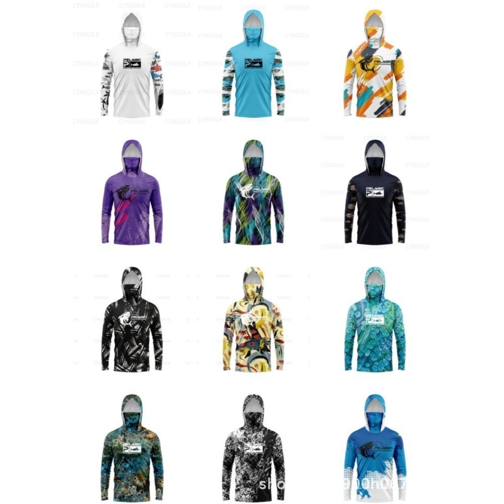 PELAGIC เสื้อผ้ากันแดดตกปลา เสื้อกันแดด, ชุดตกปลาแห้งเร็วผ้าไหมน้ำแข็งแขนยาวมีฮู้ดและหน้ากาก