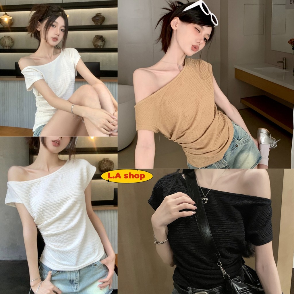 L.A Shop★สไตล์ใหม่★ เสื้อไหมพรมเปิดไหล่ ดีเทลผ้าร่อง เกาหลีเกาใจ แขนสั้น ยืดกำลังดี "M0551"
