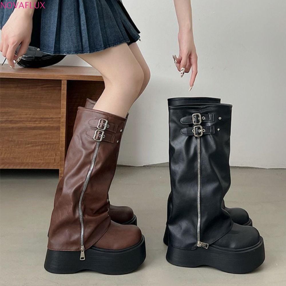 NOVAFLUX ผู้หญิงเข่าสูง Booties, แพลตฟอร์มเข็มขัดหัวเข็มขัดผู้หญิง Biker รองเท้า, แฟชั่นการออกแบบใหม่ Y2K Punk Harajuku ยาวท่อ Booties สุภาพสตรี