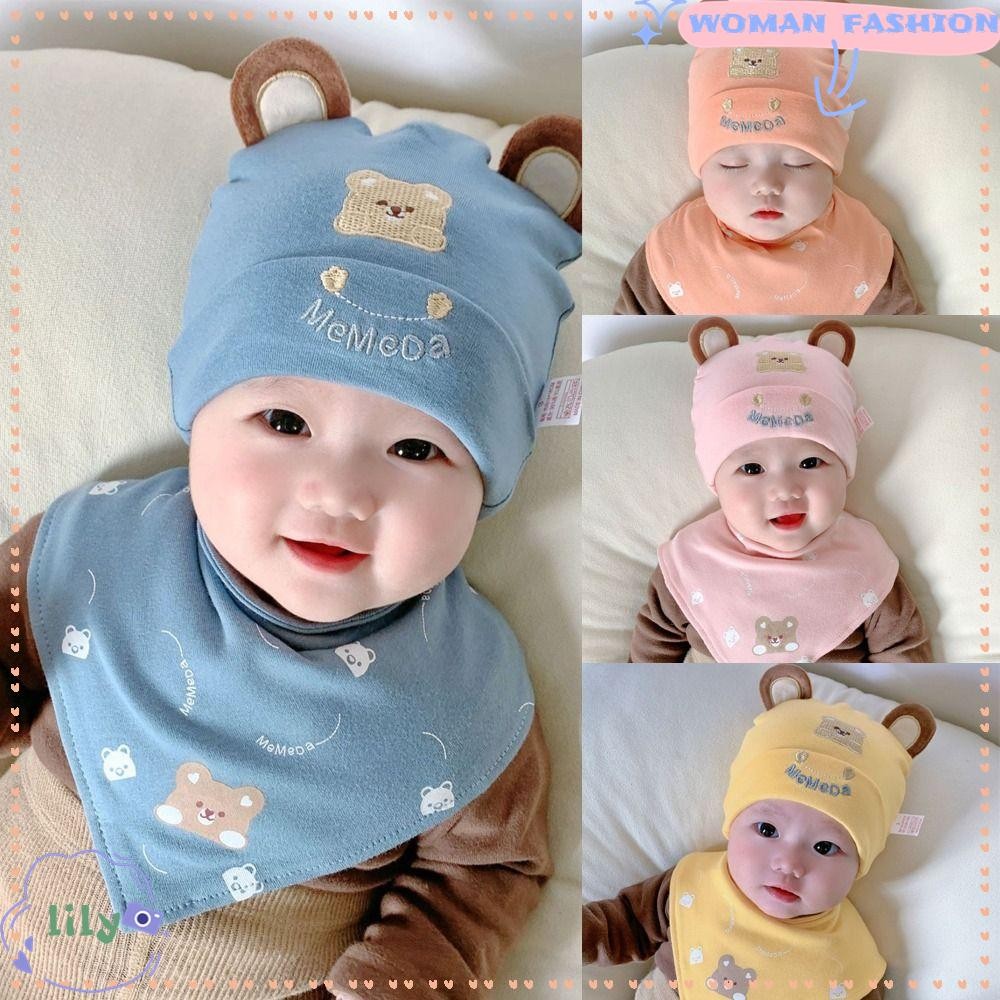 Lily ชุดผ้าพันคอหมวกเด็ก, ผ้าพันคอสามเหลี่ยมฤดูหนาว Warm Baby Pullover หมวก, ผ้าฝ้ายเกาหลีป้องกันหูเด็ก Snowcap ชายหญิงทารก