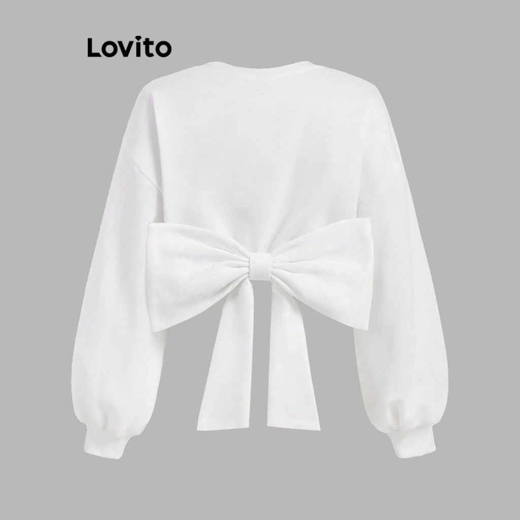 Lovito เสื้อสเวตเตอร์ผูกโบว์หลังเรียบหรูสำหรับผู้หญิง L105MD695