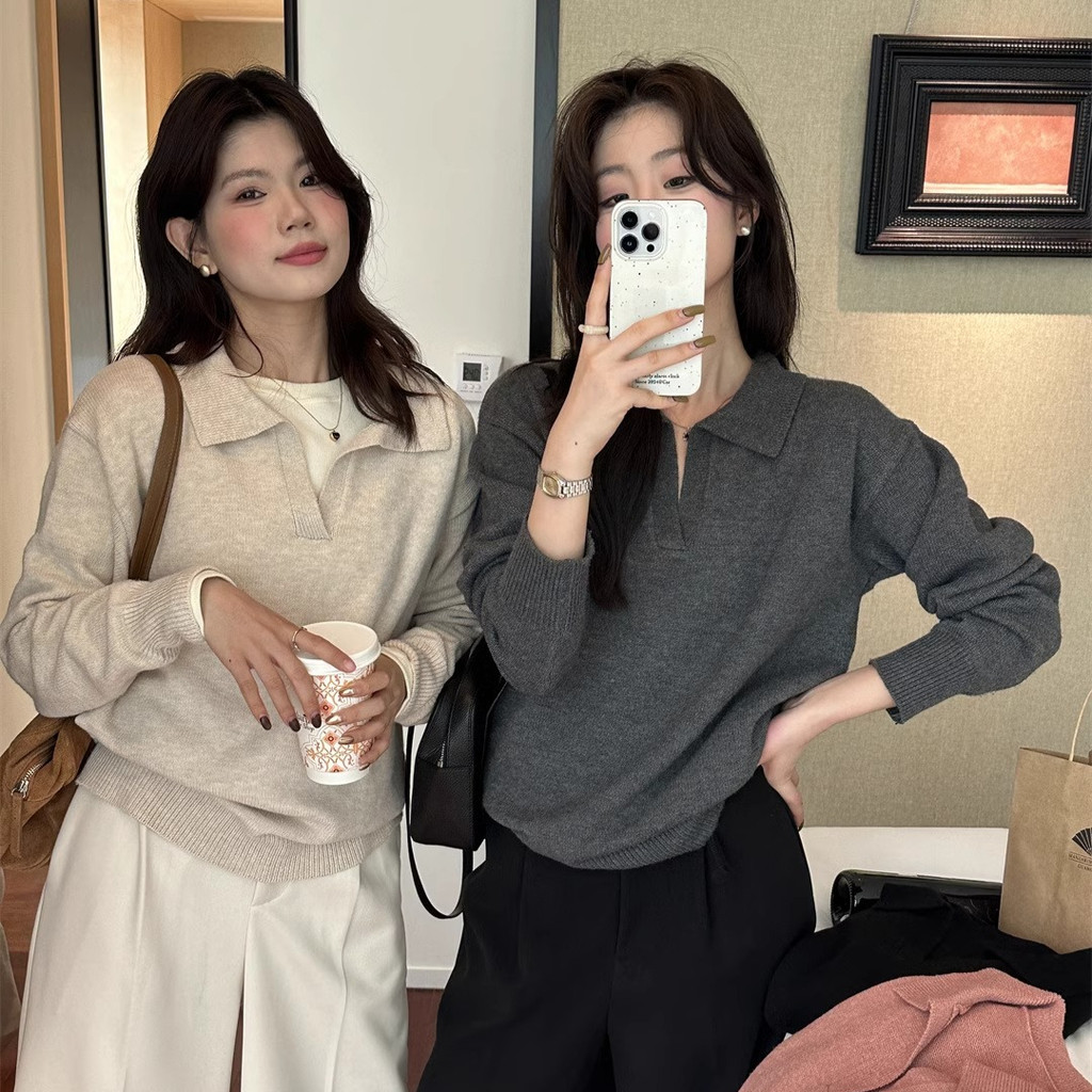 Suxi ย้อนยุค ฤดูใบไม้ร่วงใหม่สไตล์คอปกแขนยาวถักเสื้อกันหนาวเสื้อถักผู้หญิง 241023