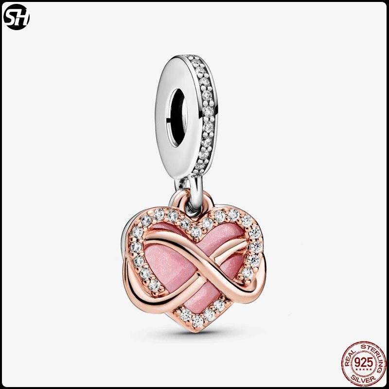 ใหม่ S925 เงินสเตอร์ลิงสีชมพู Love Cross Infinite Fit Pandora Charms สร้อยข้อมือผู้หญิง DIY เครื่องประดับลูกปัดจี้ของขวัญวันเกิด