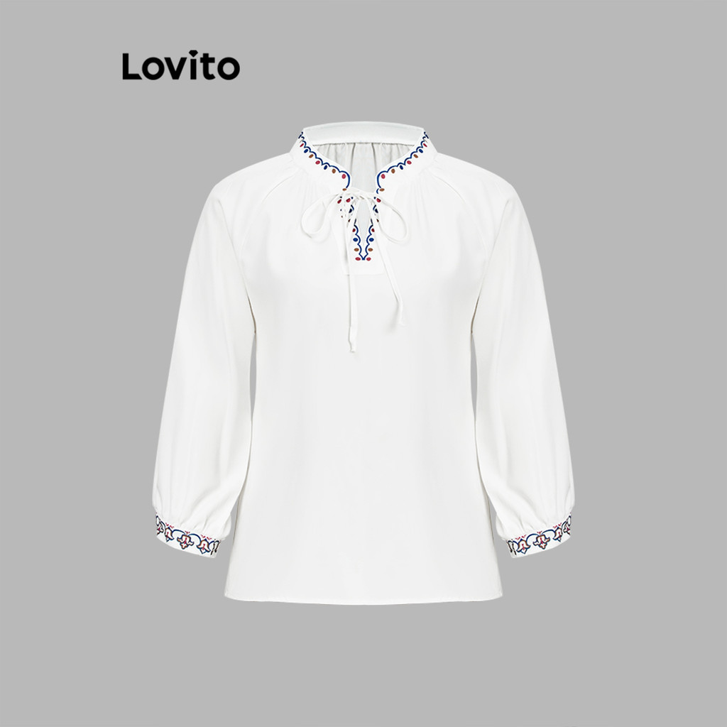 Lovito เสื้อเบลาส์ลูกไม้ธรรมดา โบโฮ สำหรับผู้หญิง LNL72033
