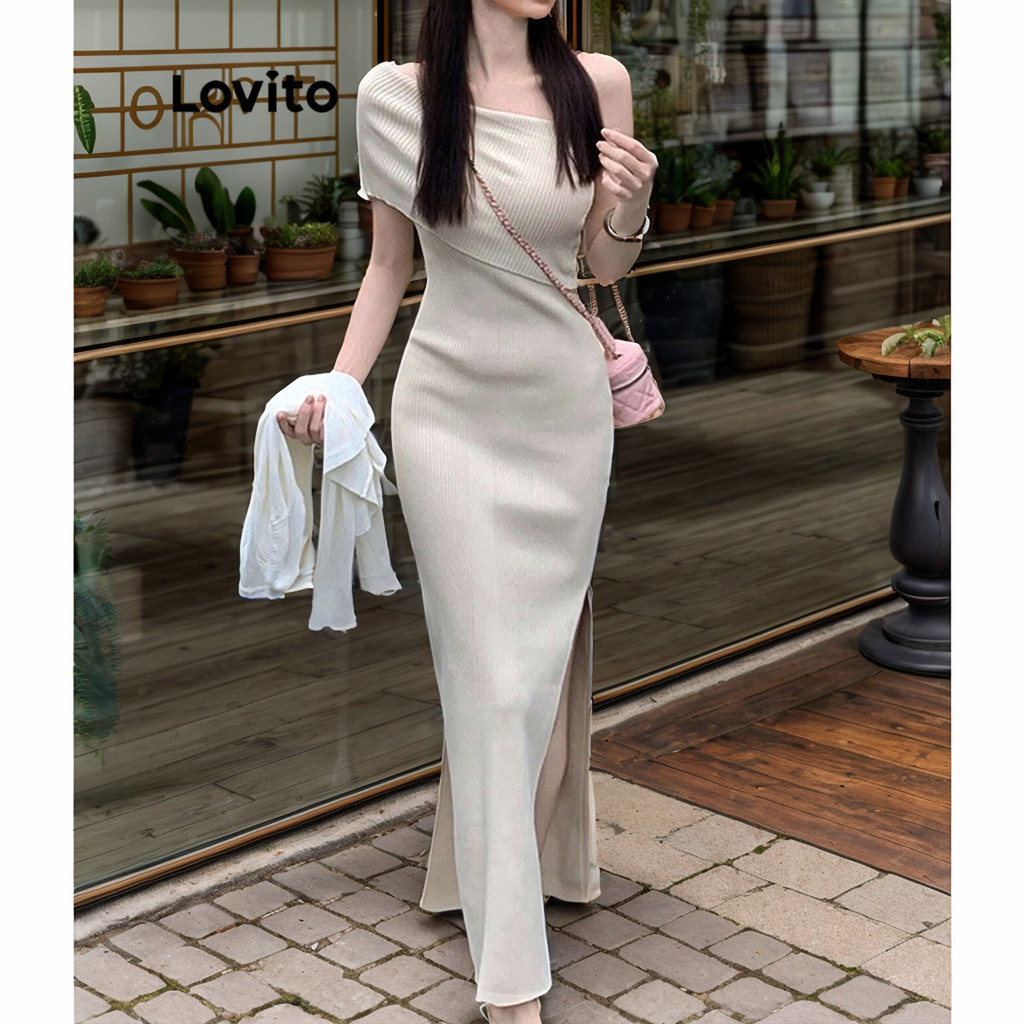 Lovito ชุดเดรส เดรสลำลอง สีพื้น ทรงผ่า สำหรับสตรี L71ED262 (สีแอพริคอท)