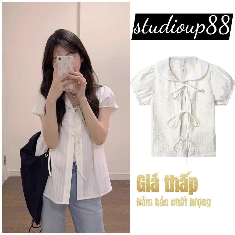 สไตล์เกาหลี Preppy สไตล์วรรณกรรม Retro Laced-Up Slimmer ดูเสื้อผู้หญิงหวาน Casual All-Match ขนาดเล็กด้านบน