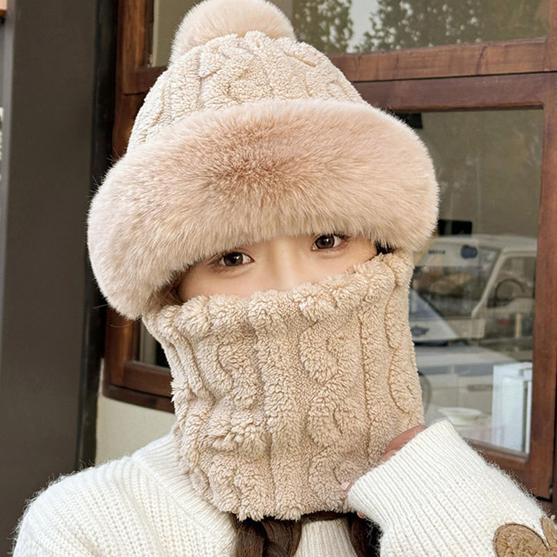 ตุ๊กตาเย็นและอบอุ่นหมวกสําหรับผู้หญิงในฤดูหนาวผ้าพันคอแบบบูรณาการหนาป้องกันหูกันลมและเย็นขี่ยานพาหนะไฟฟ้าหมวกสวมหัว