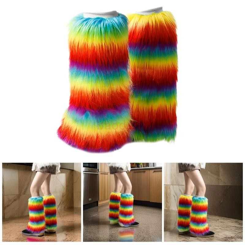 Bdw สีสันฤดูหนาวขาอุ่น Furry Rainbow Boot Covers สําหรับความอบอุ่นแฟชั่น