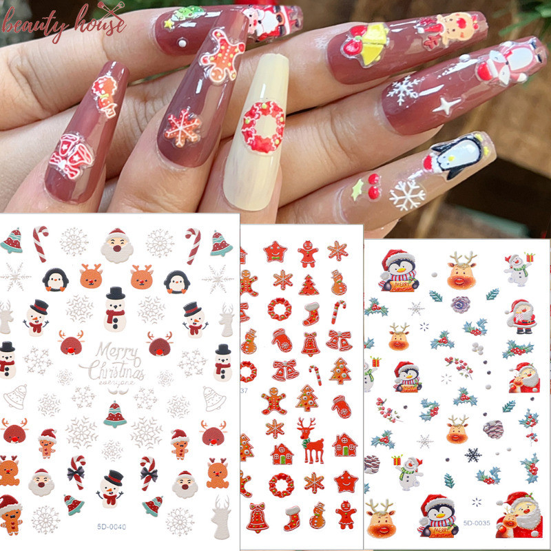 สติ๊กเกอร์ติดเล็บซีรีส์คริสต์มาส - แพทช์ตกแต่งเล็บ DIY - สติ๊กเกอร์กราฟฟิตีขนมปังขิงกวางหิมะ - สติ๊กเกอร์ติดเล็บบรรเทา 5D - สติ๊กเกอร์ติดเล็บมีกาวในตัว